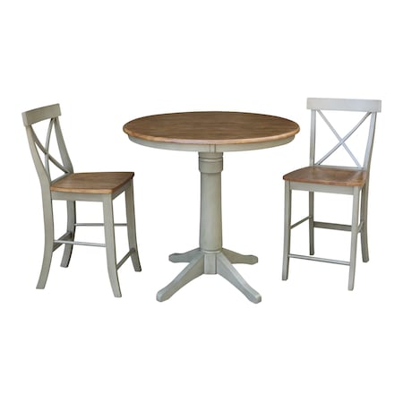 International Concepts Round 36 in Rd Ped Gathering Ht Table, 2 X-Back Counter Ht Stools, Hickory/Stone, 36 in W, 36 in L K41-36RT-27B-S6132-2